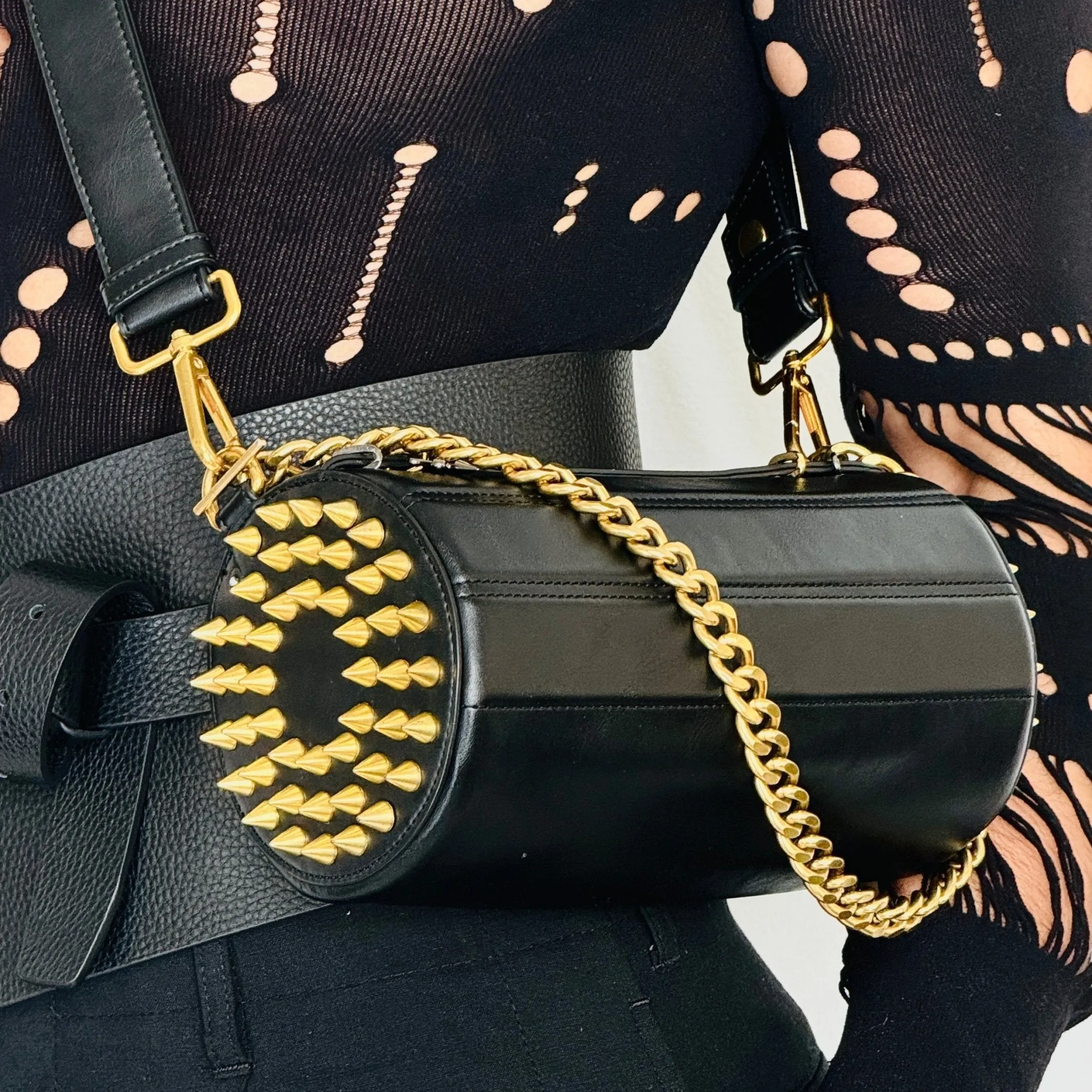 140E Tube Cross-body Bag in Black with Chain