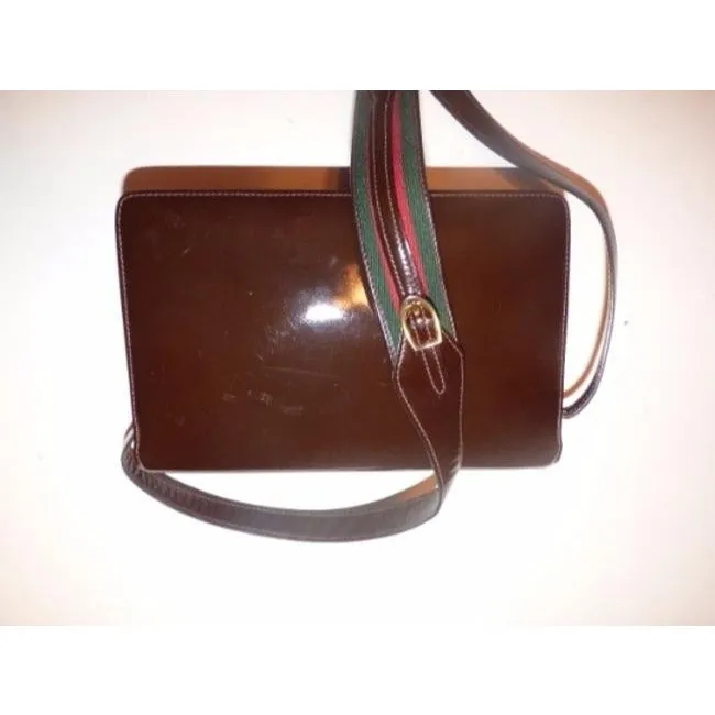 Gucci Horsebit Envelope Top Sherry Stripe Two Way Brown Patent Leather Shoulder Bag