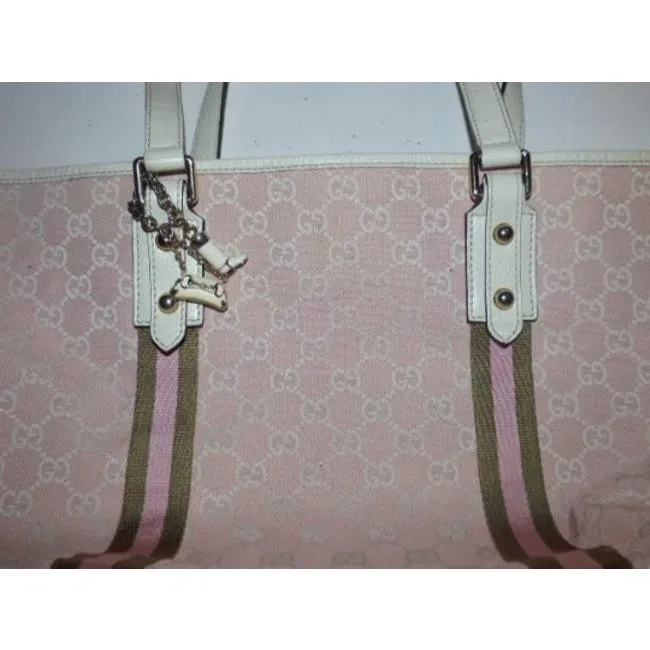 Gucci Vintage Pink And White With Ivy Green Leather Canvas Tote